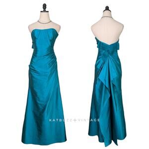 Y2K Strapless Prom Dress Maxi Gown 2 Teal Green Silk Sheath Bow Glam Classic